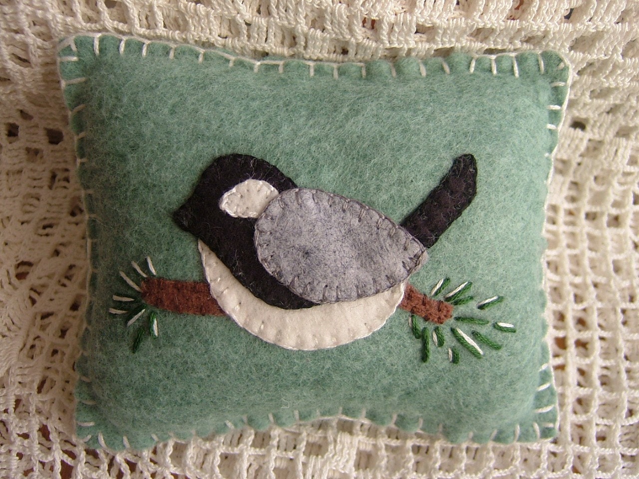 Winter Chickadee - Penny Rug Pillow Pincushion with FREE SHIPPING