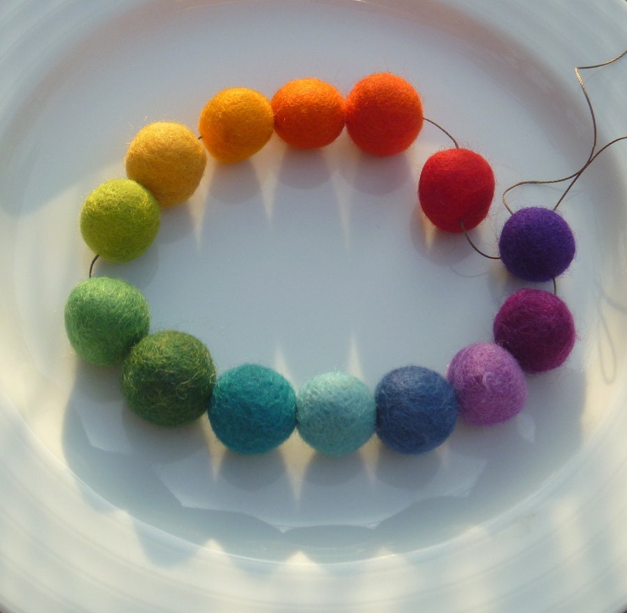 Rainbow Garland  - a strand of vibrant colors -- 14 felt balls,  5 feet long - adjustable no knots
