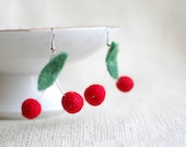 Cherry felted wool earrings - fiber accessory in red berry green - Christmas gifts for her under 25
