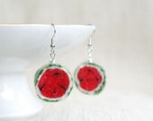 Watermelon felted wool earrings in red green - summer fruits bright geometric