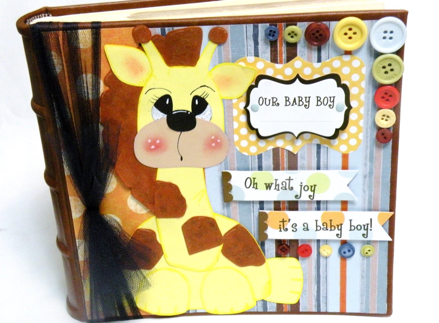 Large Baby Boy Scrapbook Album - 9x9 - Holds 200 4x6 Photos - G I R A F F E - Baby Shower Gift - Navy Yellow Brown Blue