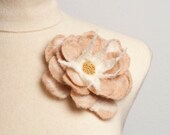 Mother Day Gift Elegant Fashion Hand Felted White Beige Brown Merino Wool Flower Pin Brooch 3.9 with Glass Beads