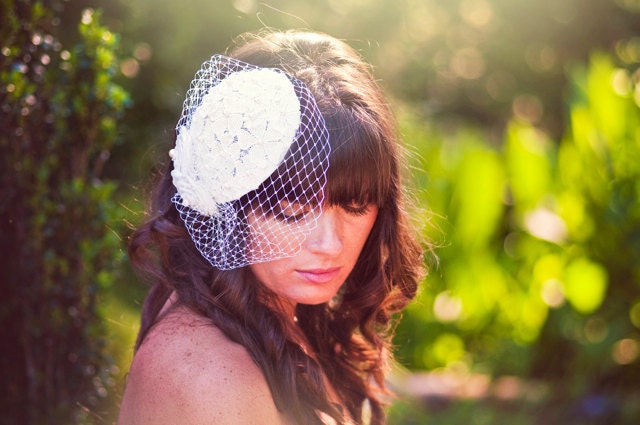 Teardrop Bridal Hat   with birdcage veil -Headpiece/fascinator
