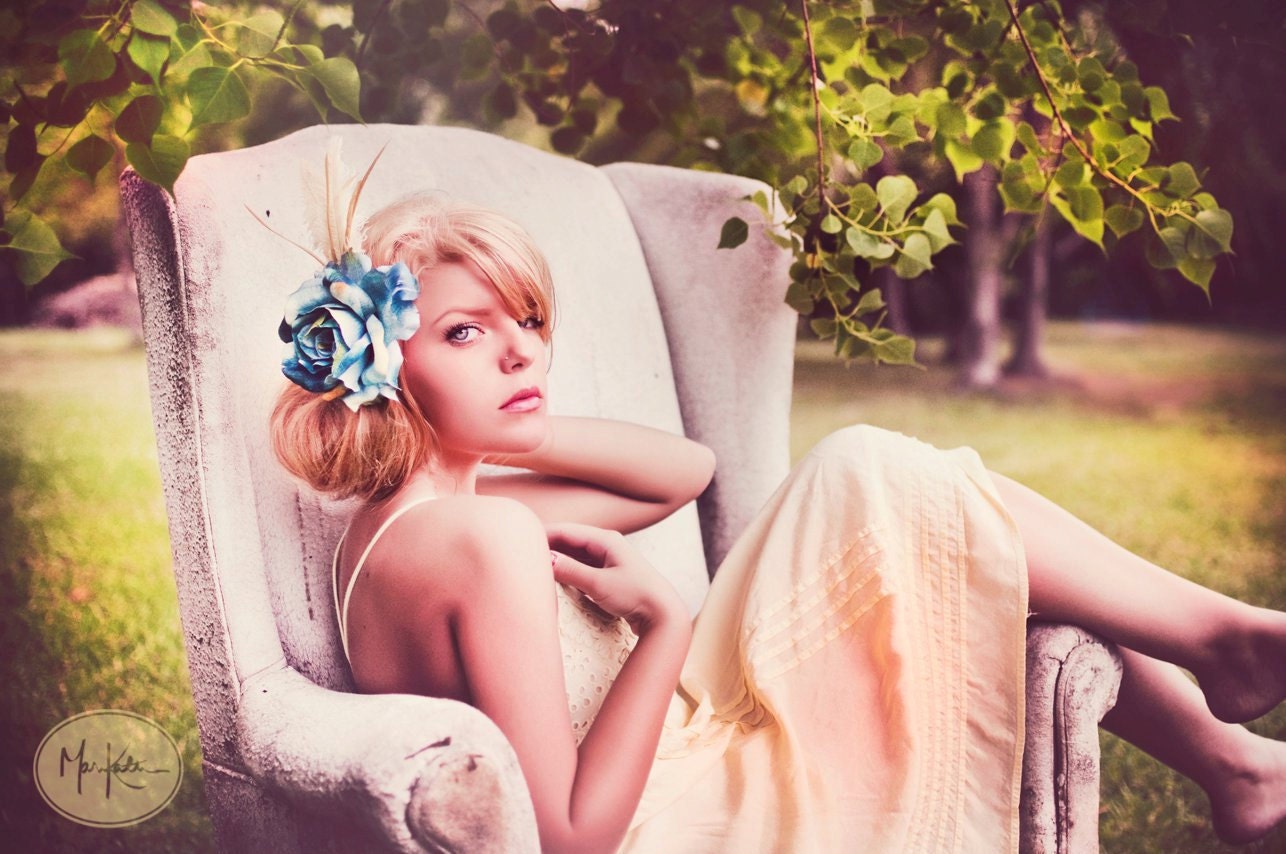 Whimsy Blue Rose Headpiece with ivory Feathers