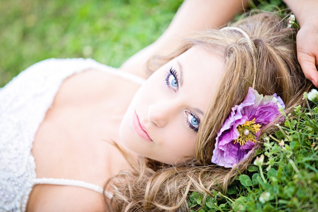Rustic  Bridal Crown/Headband -Purple Flower