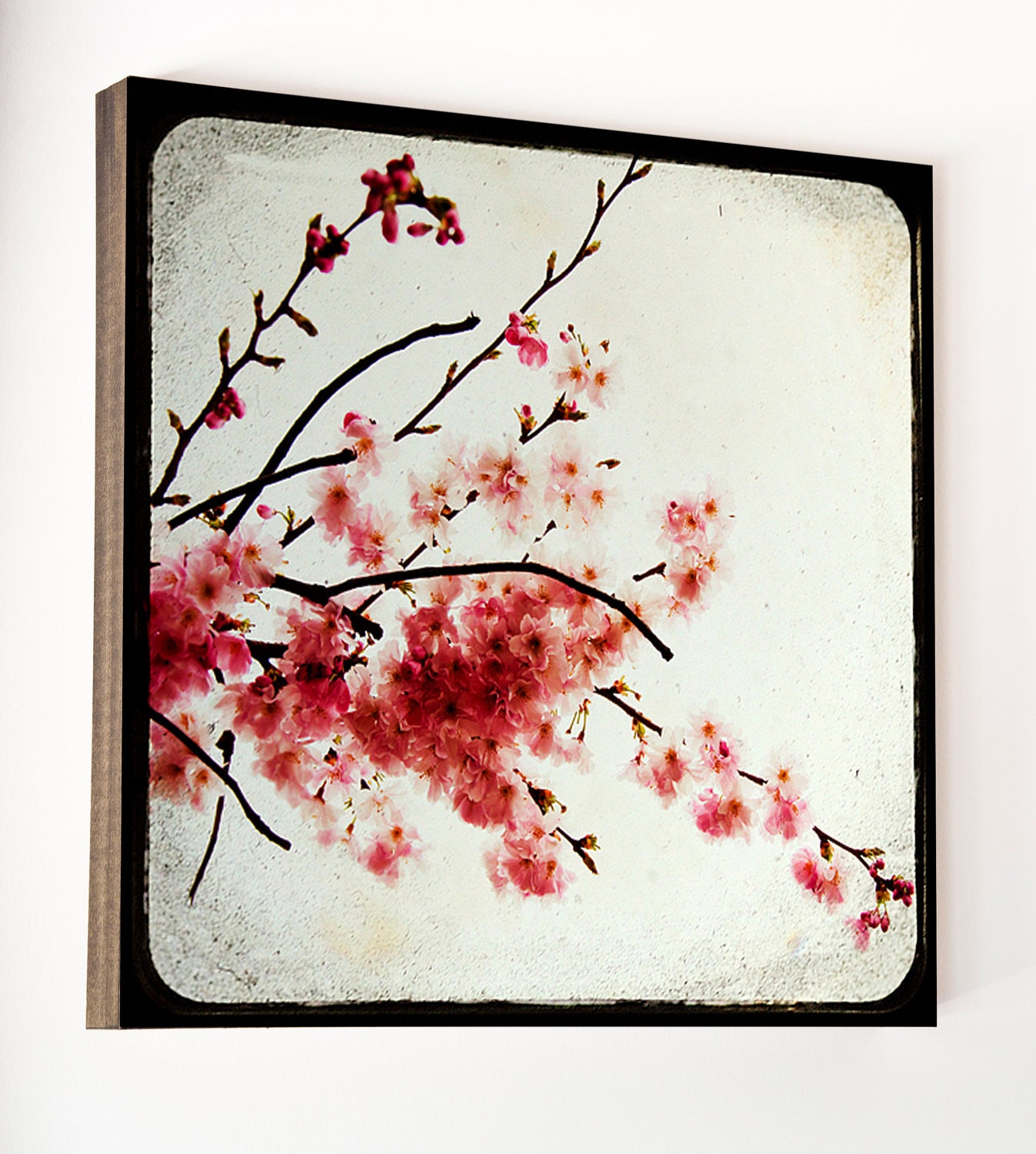 Cherry Blossom Photography: Wood Photo Block, Wall Art-   St James, 5x5 wood art, Feminine Decor, Blush pink, China red, Wood Home Decor