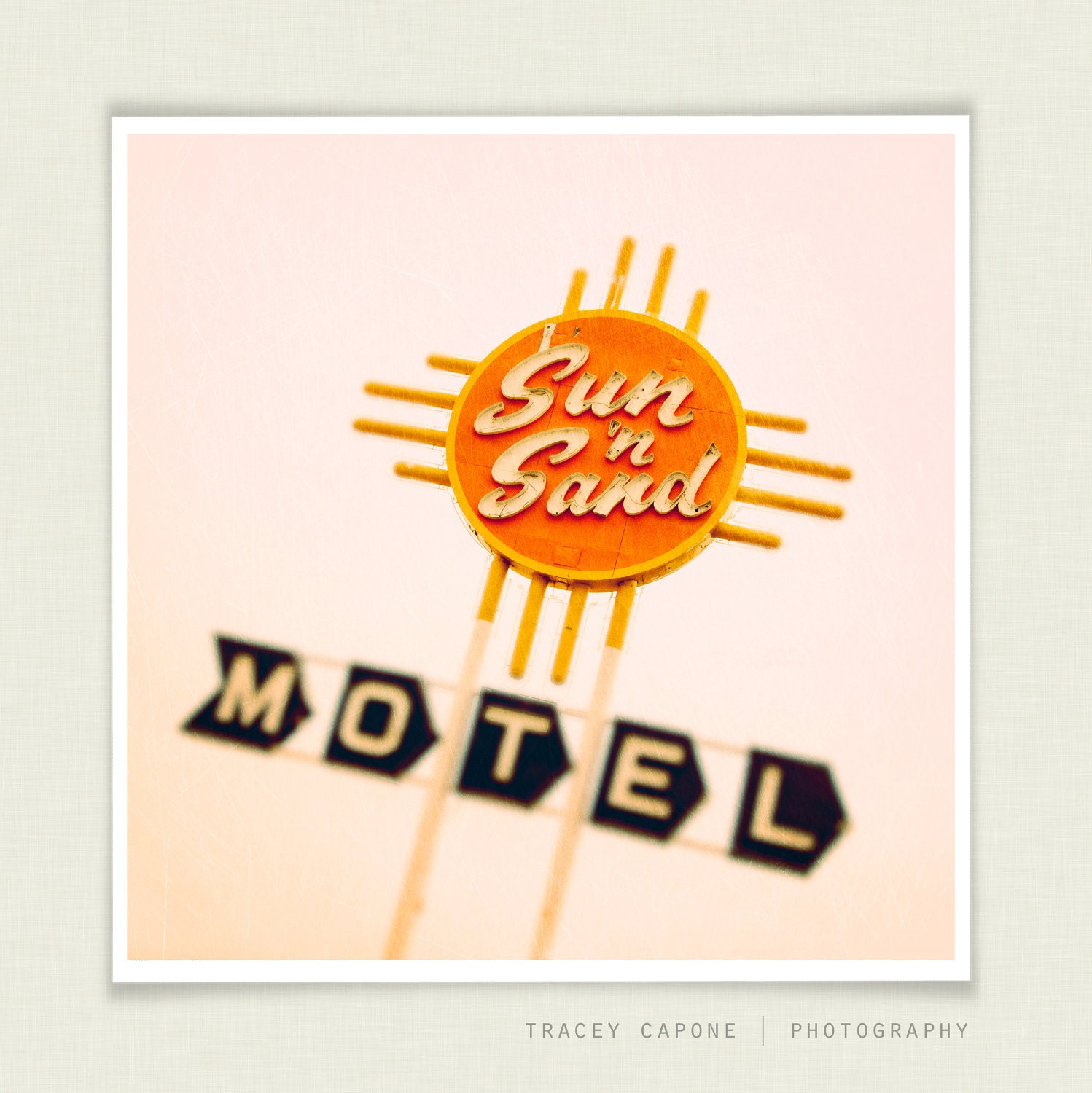 Retro Photography - Route 66, Etsy Wall Art - Sun n Sand - vintage motel sign photograph, citrus orange, sunshine yellow