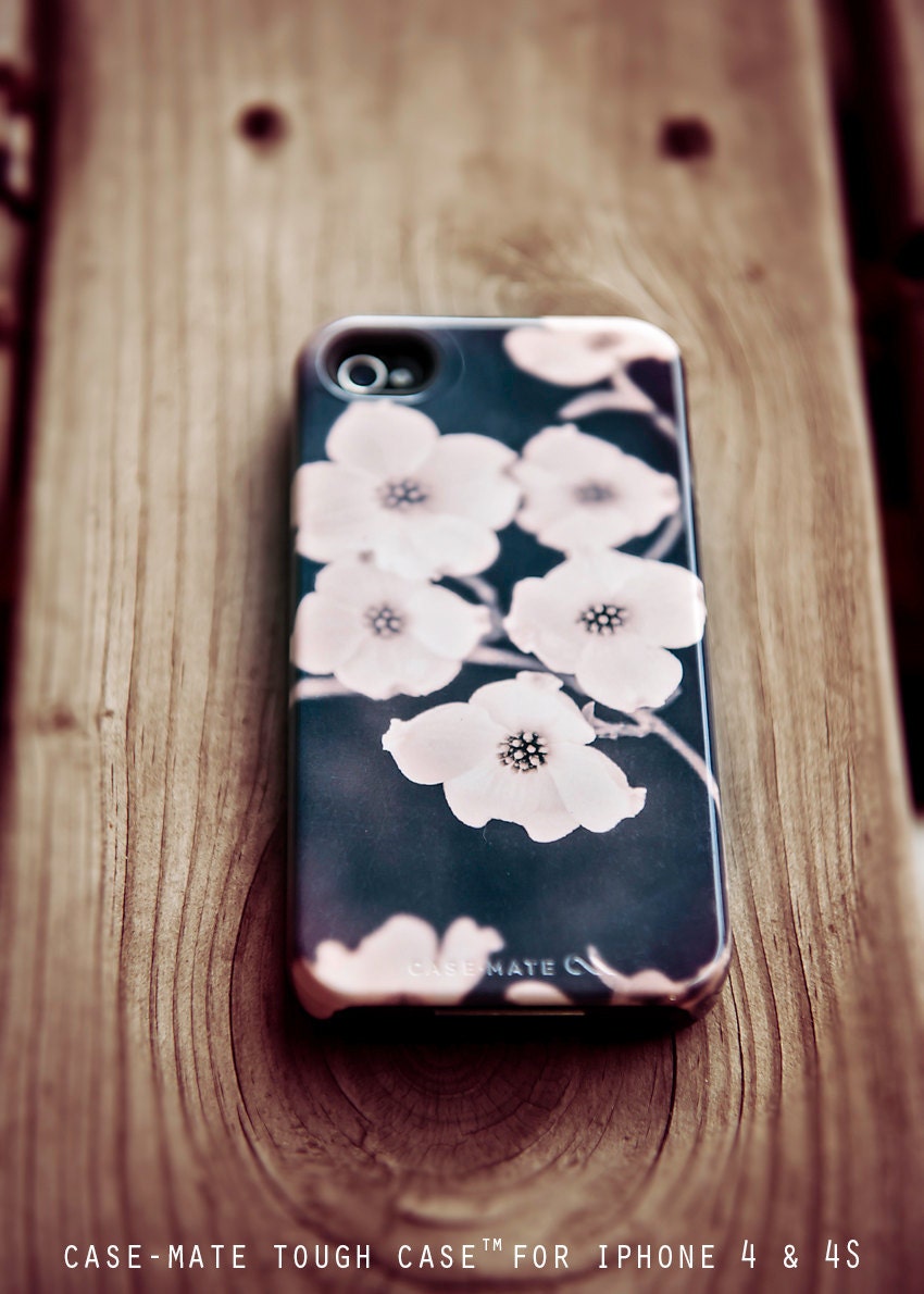 iPhone Case - Platinum - hard case for iPhone 4 and 4S -  silver, charcoal grey,  feminine, flower print, dogwood