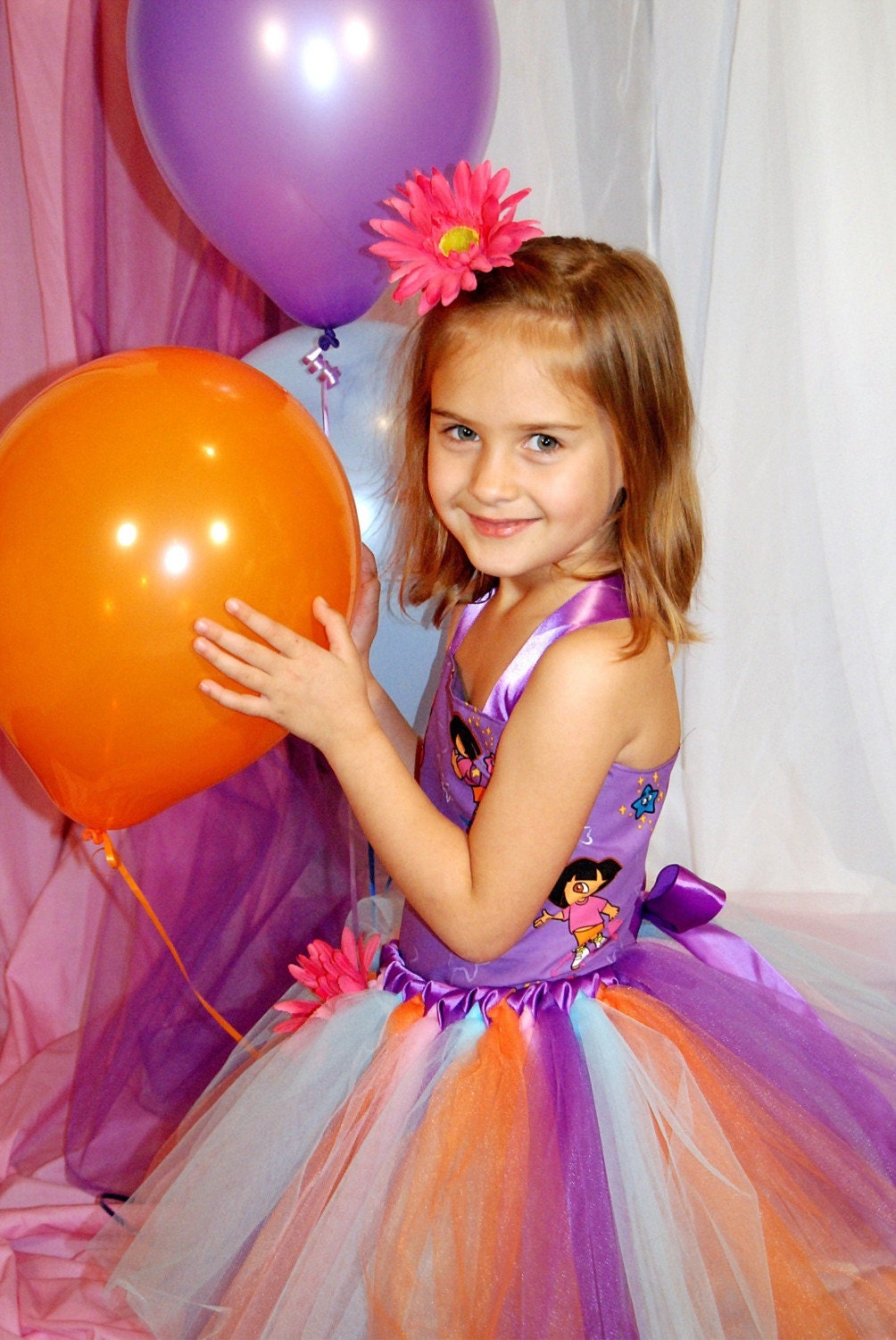 Custom Made Purple Dora The Explorer Dress. Corset top, TUTU Skirt and hair piece. Size 12m-5T
