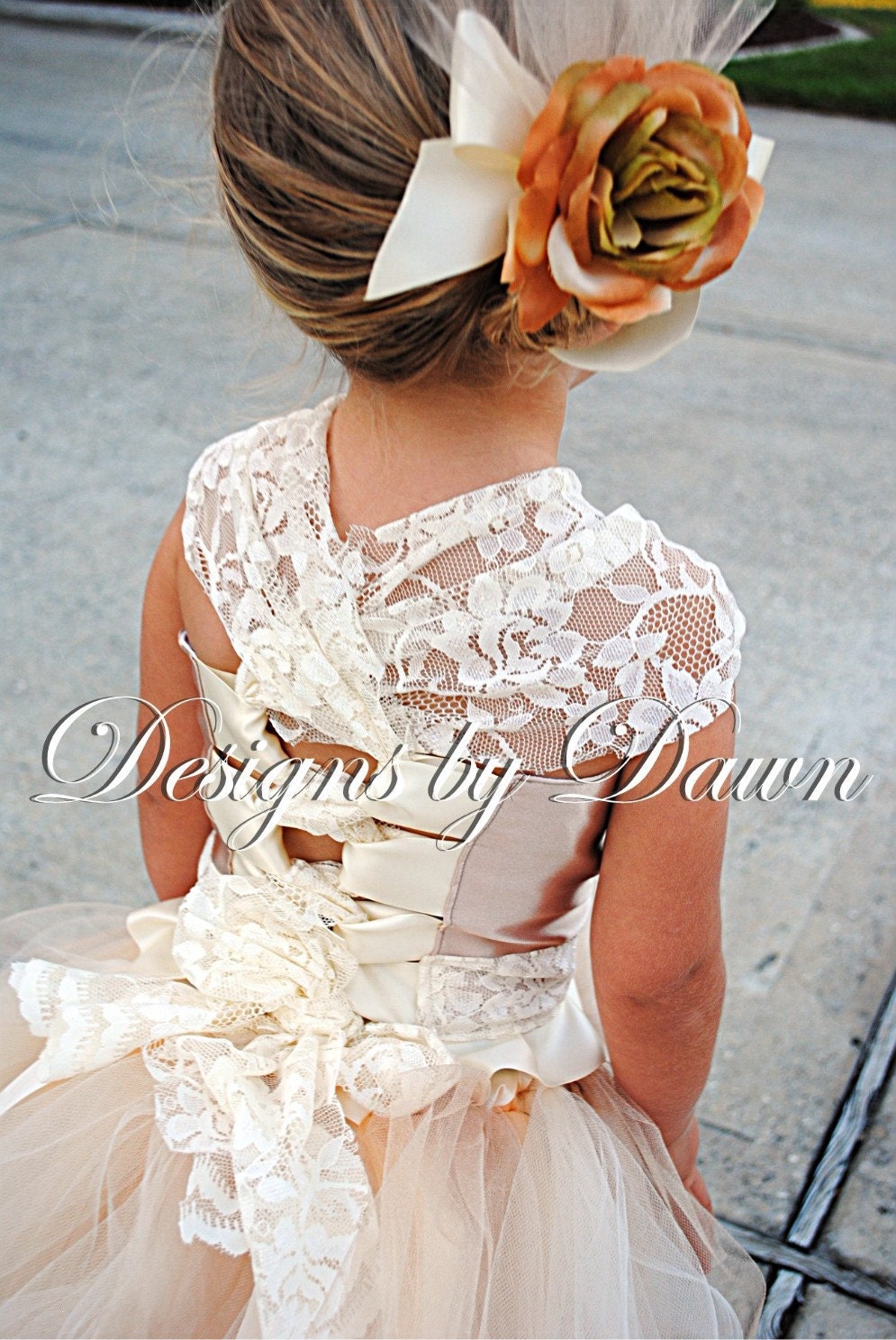Custom Made Champagne Flowergirl Dress. Corset top, tutu skirt with train and hair clip. Size 12m-5T. Custom sizes and colors available