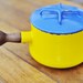 Dansk Kobenstyle IHQ Yellow Enamel Sauce Pot With Blue Lid, Made in France