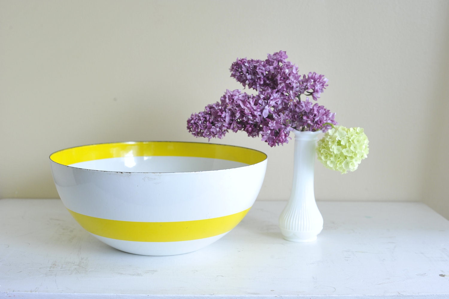 Vintage HUGE Cathrineholm 11" White with Yellow Band Enamel Bowl