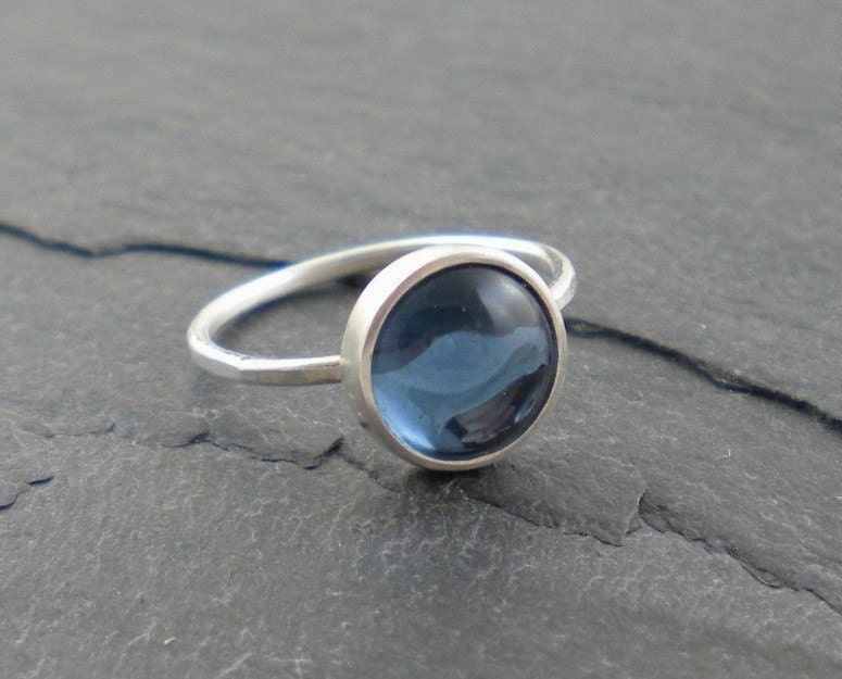 Ocean Blue Ring. Silver Hammered Band. Nautical, Glass, Simple