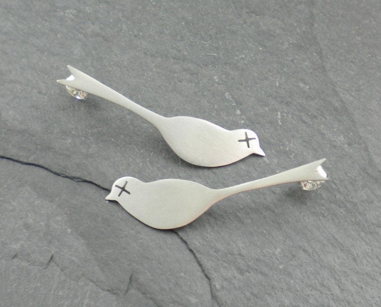 Dead Birds Earrings. Silver Post. Silhouette, Love, Friendship