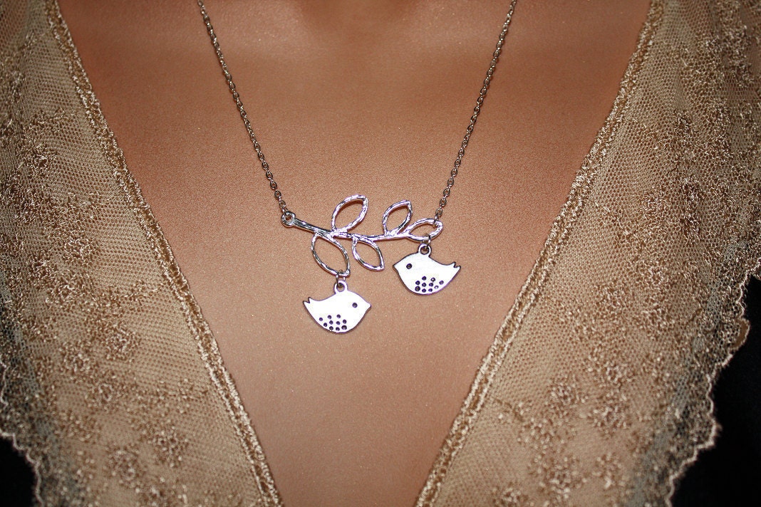 Two Little Silver Birds on a Leafy Branch Necklace