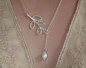 Dew Drop and Leafy Branch Fresh Water Pearl Lariat Necklace