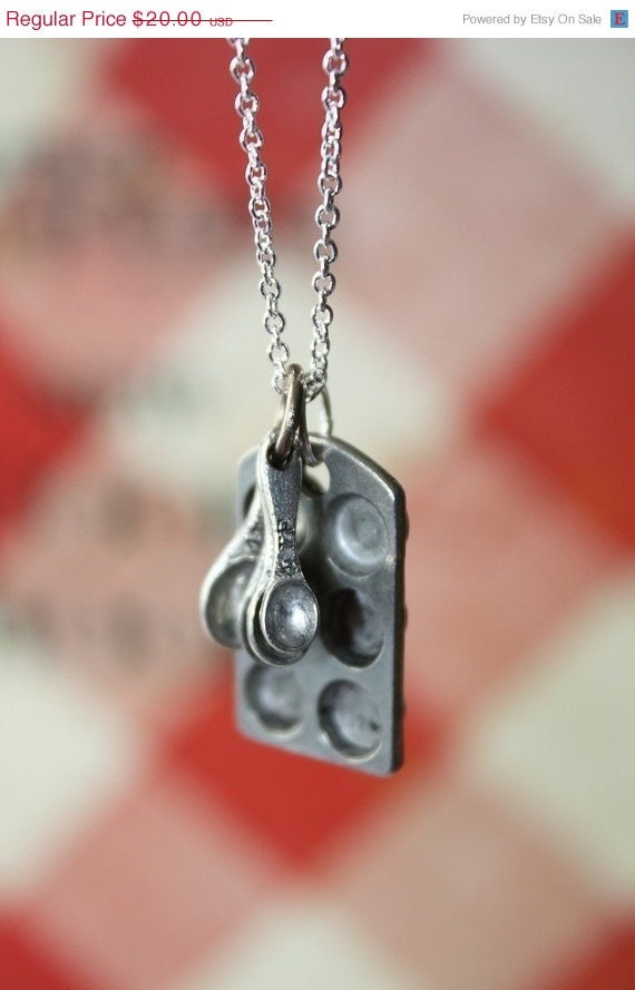 Black Friday 15% Off Sale Cupcake Pan and Tiny Measuring Spoons on a Sterling Silver Plated Chain necklace