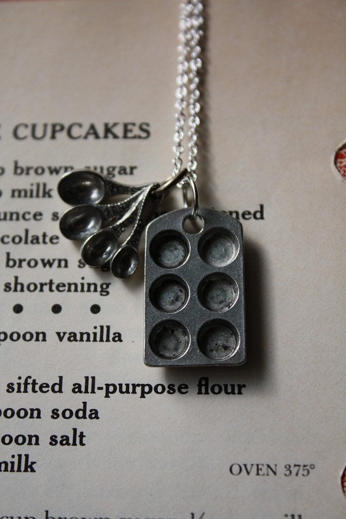 Baking Love Cupcake Muffin Pan and Tiny Measuring Spoons on a Sterling Silver Plated Chain