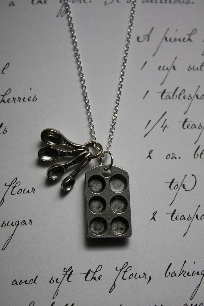 Black Friday 15% Off Sale Cupcake Pan and Tiny Measuring Spoons on a Sterling Silver Plated Chain necklace