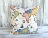 World map pillow in vibrant color and Italian script - global awareness for home decor, designer stuffed throw cushion - great for gifts