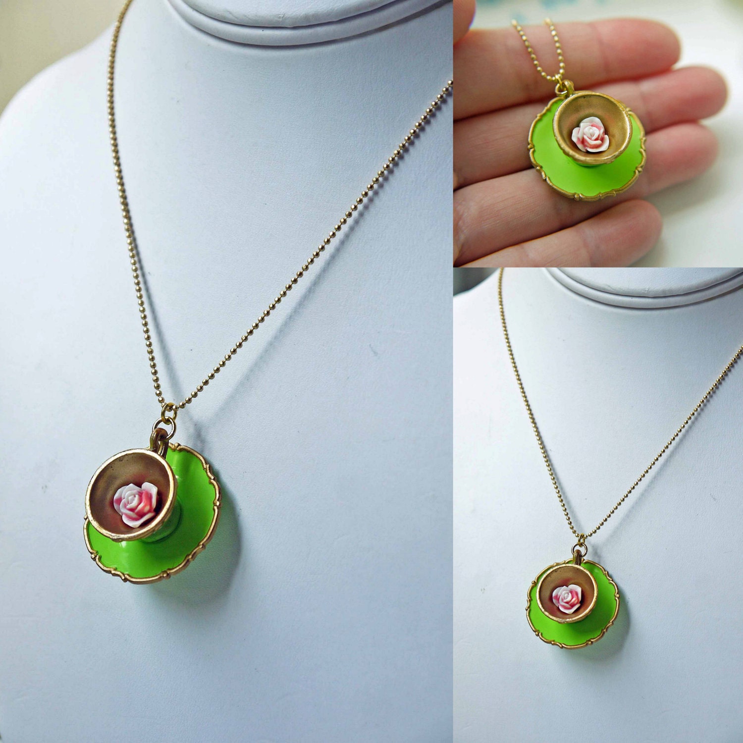 Lime Green Teacup Necklace. Princess Teacup. Rose Tea. Fairy Tale.