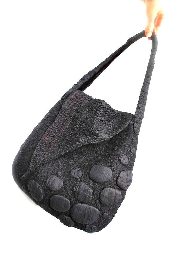 Nuno Felted Shoulder Bag OOAK Large Fall Fashion Black Red Felt Purse Textured Wool Handbag Unique Gift