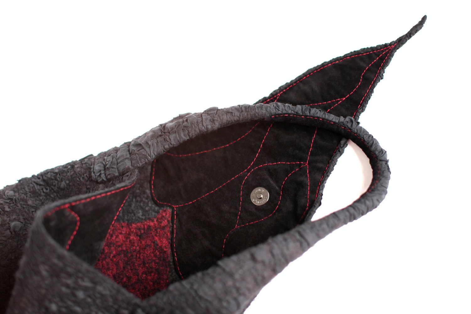 Nuno Felted Shoulder Bag OOAK Large Fall Fashion Black Red Felt Purse Textured Wool Handbag Unique Gift