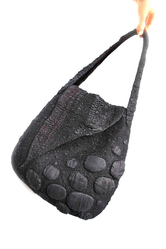 Nuno Felted Shoulder Bag OOAK Large Fall Fashion Black Red Felt Purse Textured Wool Handbag Unique Gift