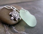 Sea Glass Necklace Aqua Seafoam Green, Sea Turtle Charm, Sterling Silver Handmade Beach - Mermaid's Tear
