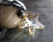 Crystal Star Starfish Necklace, Swarovski, Black Spinel, Gold Pyrite Charm, Oxidized Sterling Silver, Handmade Fashion - Stars on the Water
