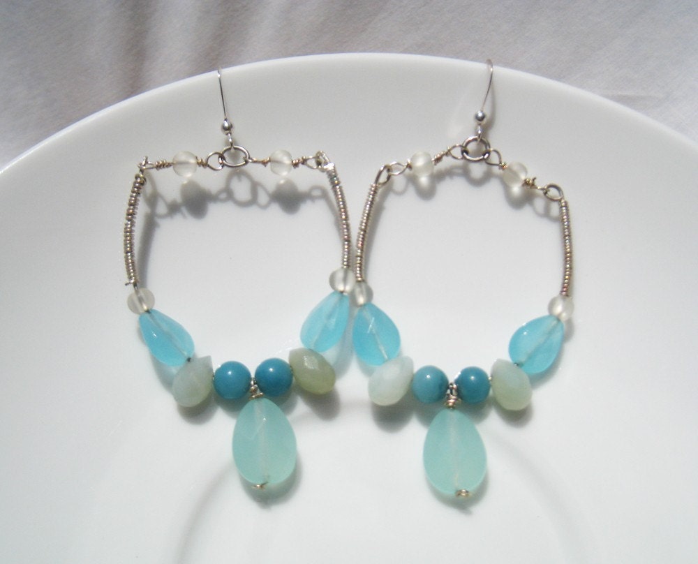 PLAYA BRAVA EARRINGS - Turquoise and Chalcedony Sterling Silver Wire Wrapped Hoop Earrings