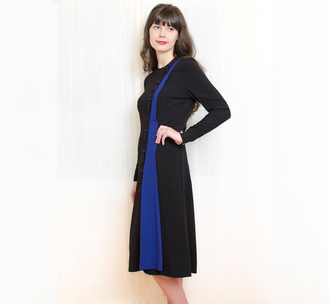 1940s Dress - 40s Vintage Holt Renfrew Blue and Black Rayon Dress with Tassels - M