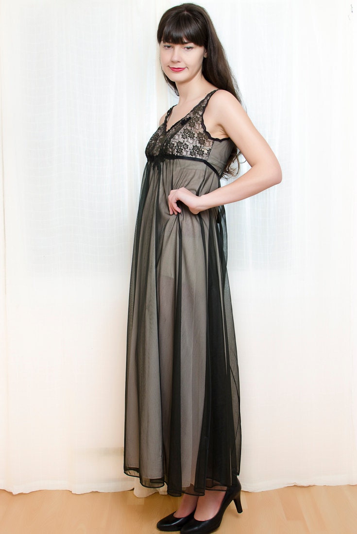 Vintage 1960s Chiffon Nighty - Long Black Night Gown with Lace - XS