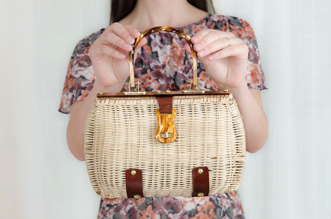 Vintage 1960s Basket Purse - 60s Wicker and Leather Handbag with Lucite Handle