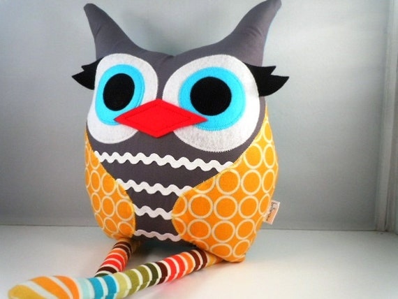 Handmade Owl Stuffed Animal Pillow plush toy bellamina's owl pillow Circles in Marigold
