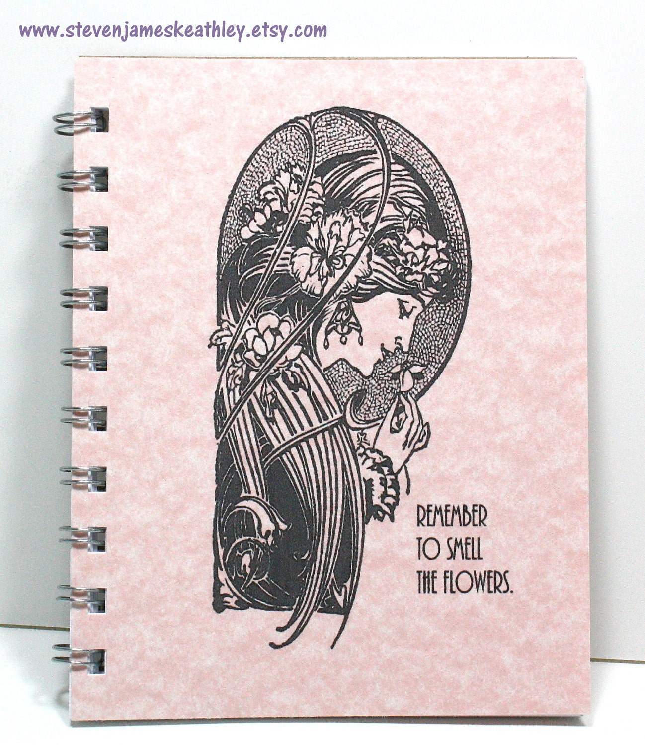 Art Deco Spiral Notebook Journal Diary Handmade - Remember to Smell the Flowers - Light Pink Parchment