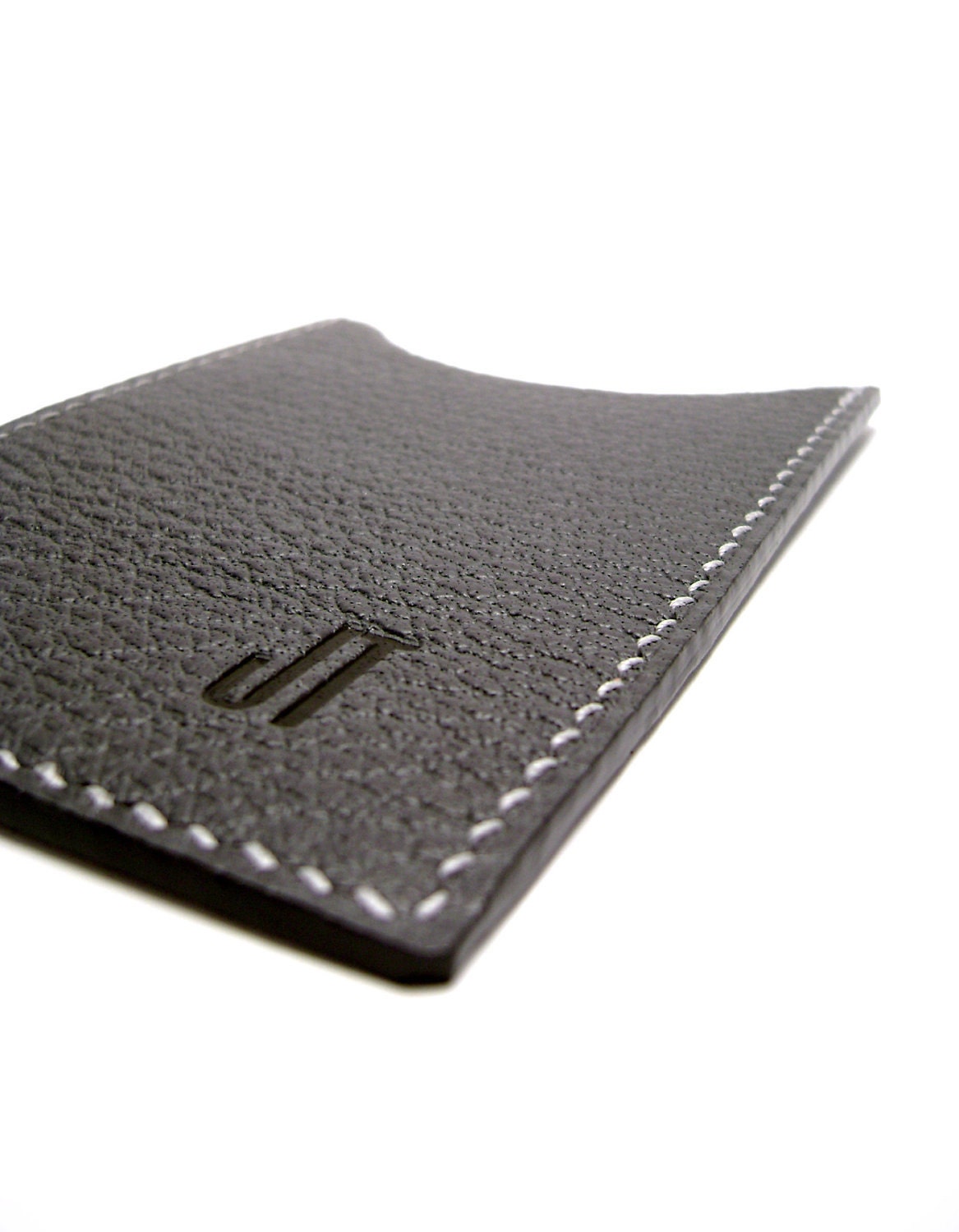 Monogrammed Charcoal Leather Card Case, Vertical, gray, personalized, card holder - sakao