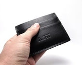 Personalized Monogrammed Leather Card Holder with bills pocket, small compact wallet, Black leather for him