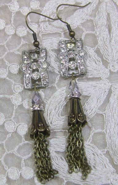 Altered Dangle Earrings featuring Paste Rhinestone Links and Layers of Brass Chain