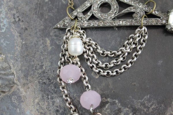 Art Deco Assemblage Necklace featuring PINK  and Mother of Pearl Rosaries