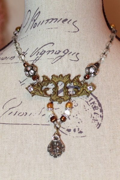 1800s Victorian Escutcheon and Rosary Assemblage Necklace