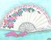 ACEO / Original Watercolor / C Wiedenheft / Ladys Fan Victorian