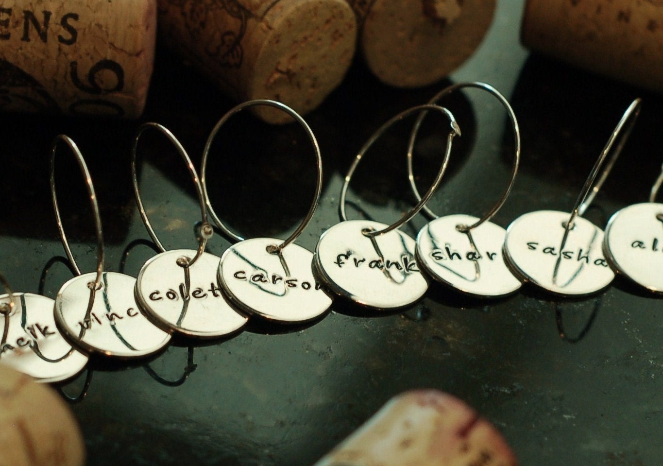 Sterling Silver Personalized Wine Charms - Set Of 8 Handstamped - Custom