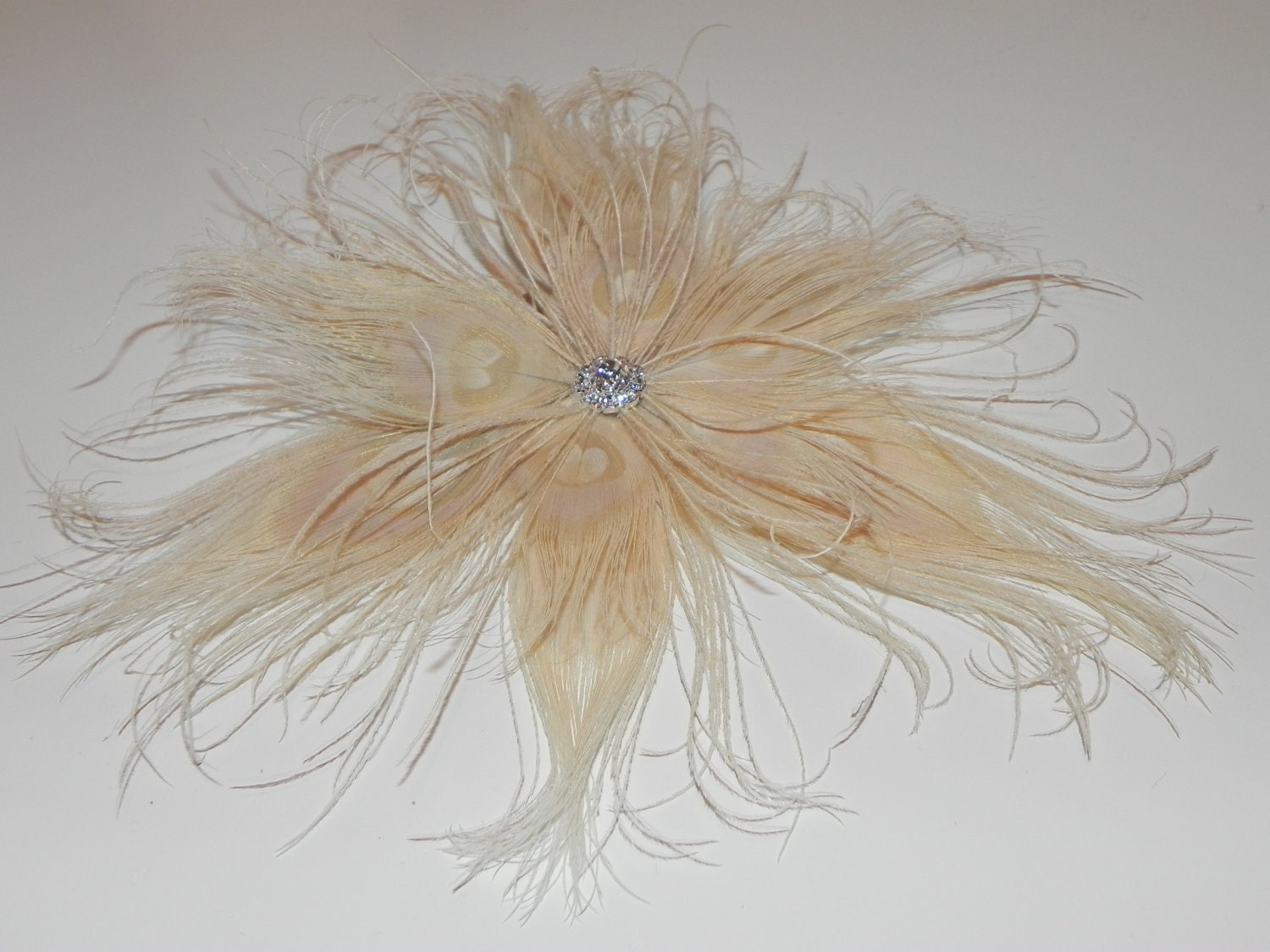 Ivory peacock fascinator, ivory hair clip, feather flower, bridal head piece