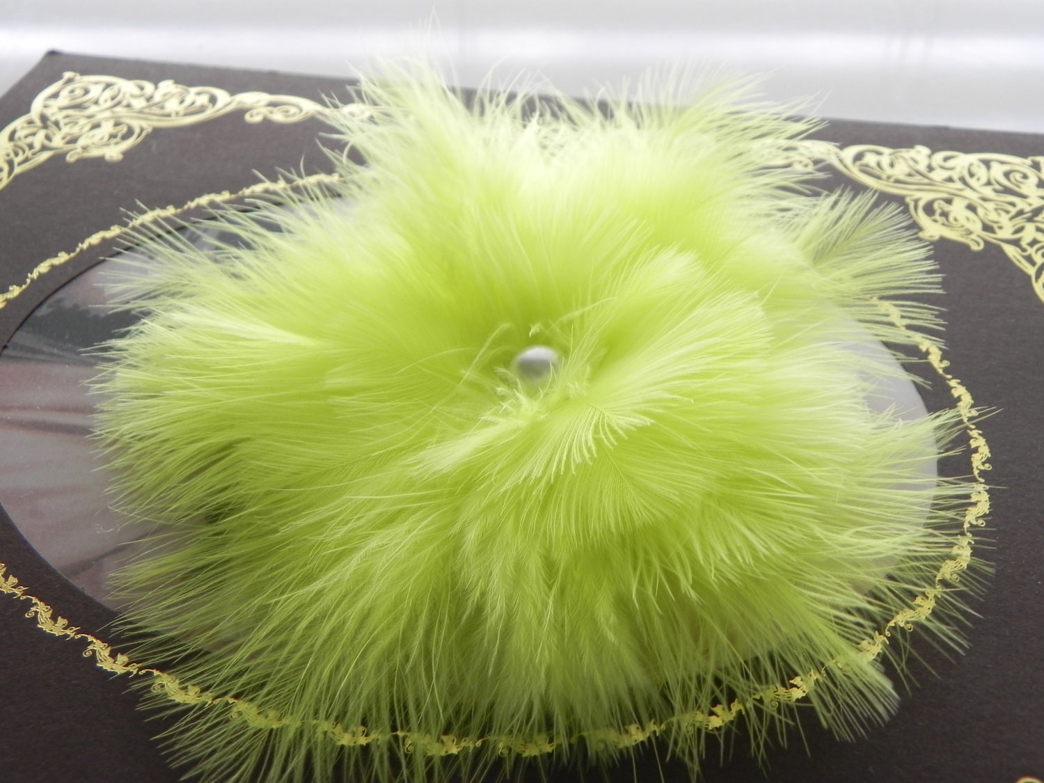 Lime green fascinator, head piece, feather flower, Neon green