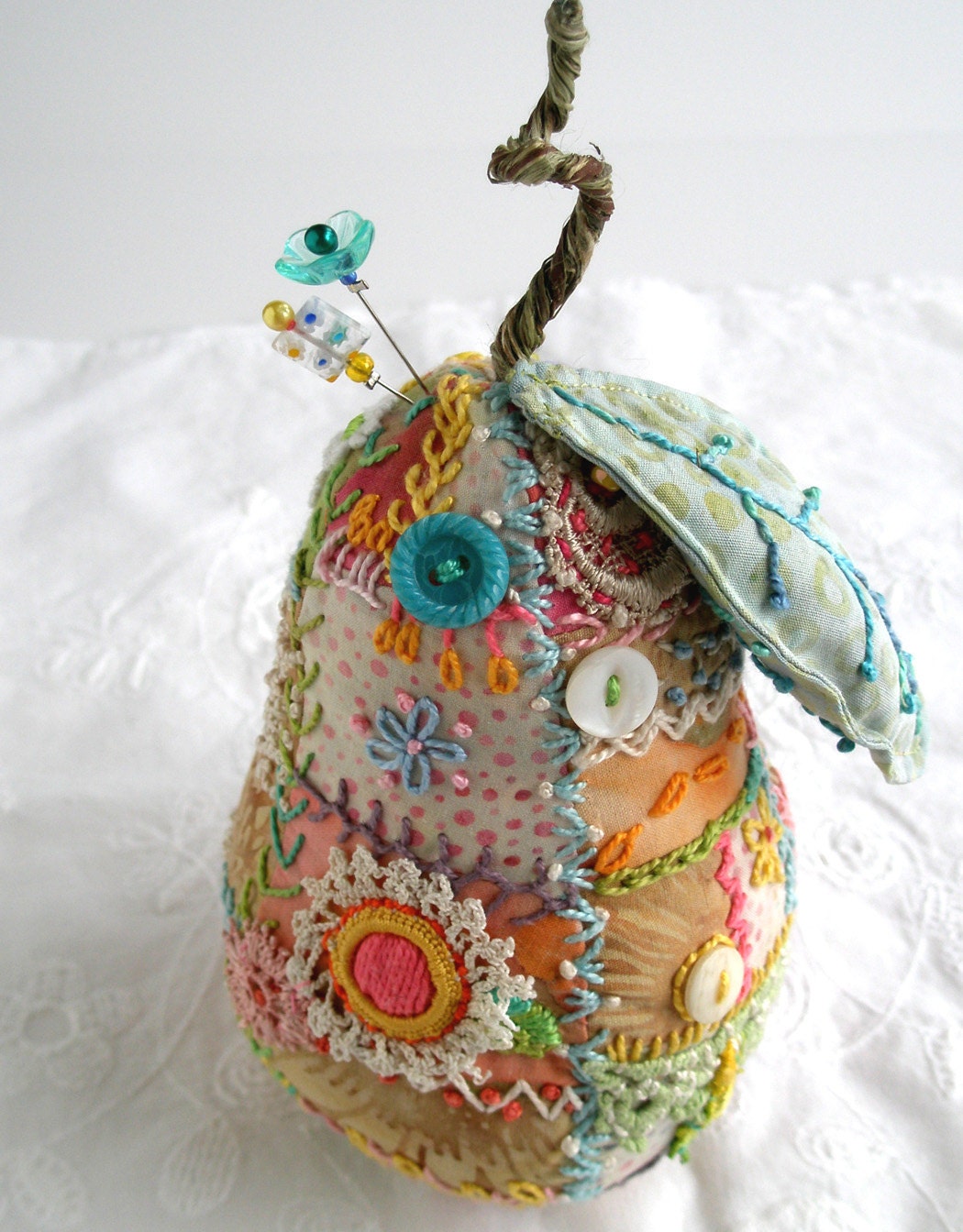Bosc Crazy Quilted Pear Pincushion hand embroidered