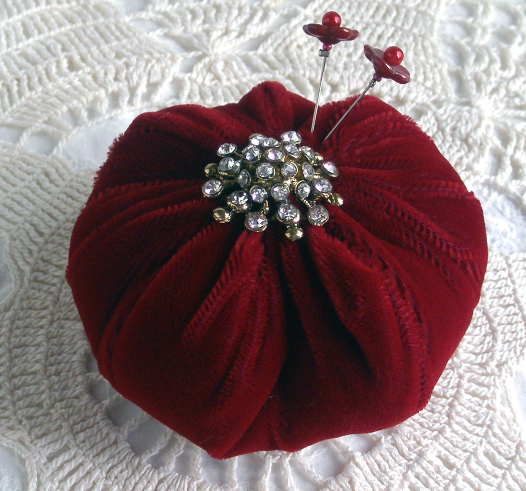 Red Velveteen Pincushion with Rhinestones