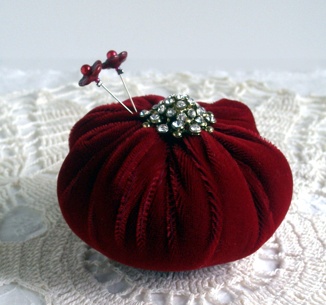 Red Velveteen Pincushion with Rhinestones