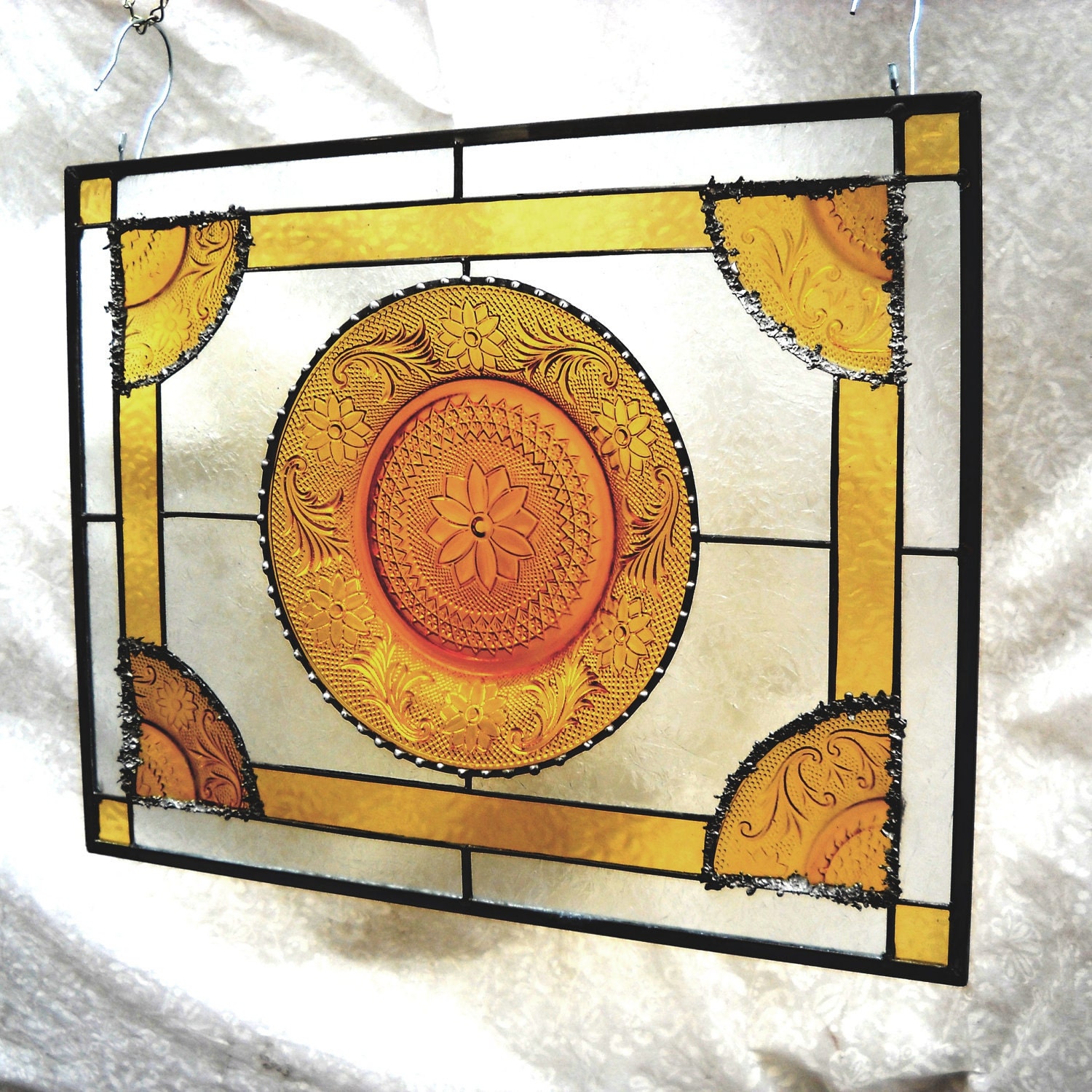 Vintage Sandwich Glass Stained Glass Plate Panel with Amber Tiara Dishes