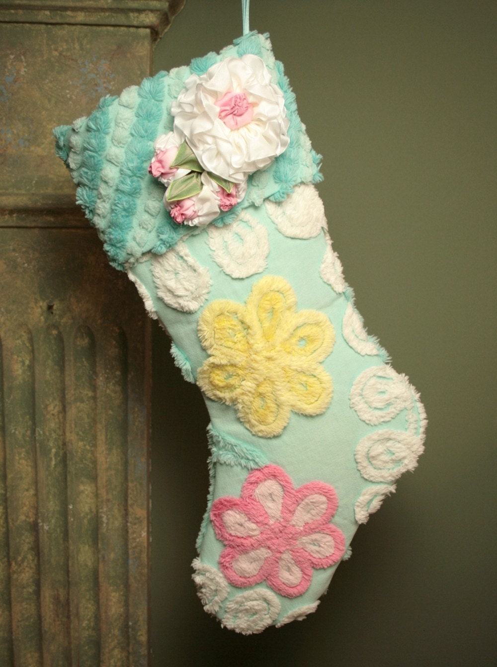 ON SALE - Pink and Yellow Flowers on Aqua Vintage Chenille Christmas Stocking - Vintage-style Millinery Flowers